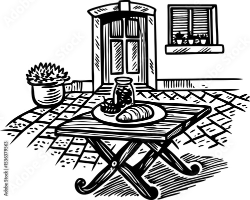 Rustic outdoor scene with bread and jar on wooden table near old house window, plant pot and entrance door