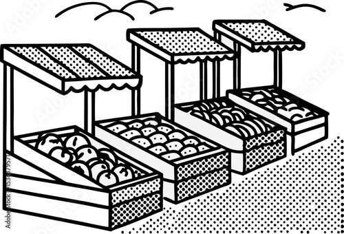 Outdoor fruit and vegetable market stalls in line fresh produce display under canopies, open air shopping concept