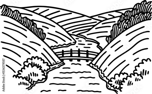 Scenic river landscape with curved hills, flowing water, small bridge, and natural vegetation illustration