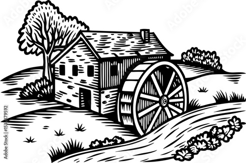 Old watermill by a flowing river in rural landscape, black and white vintage woodcut illustration design