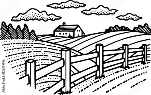Rustic countryside farm landscape with wooden fence, rolling hills, barn, and trees, rural outdoor scenery