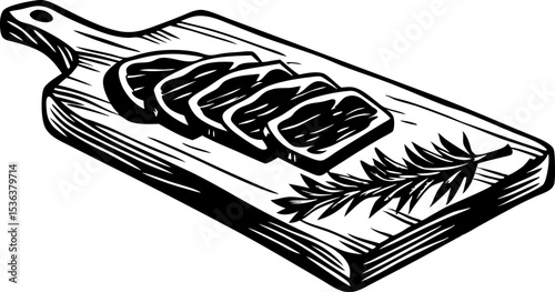 Sliced meat on wooden cutting board with herb sprig hand drawn black and white rustic kitchen illustration