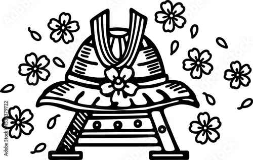 Traditional samurai helmet illustration with cherry blossoms japanese culture, warrior armor, sakura petals, black and white