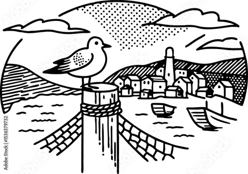 Seagull perched on post by fishing village harbor, coastal scene with boats, hills, cloudy sky illustration