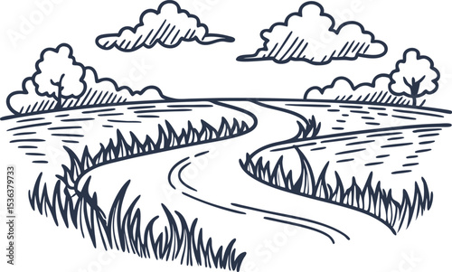 Winding country road through grassy fields with trees and clouds rural scenic landscape, hand drawn illustration