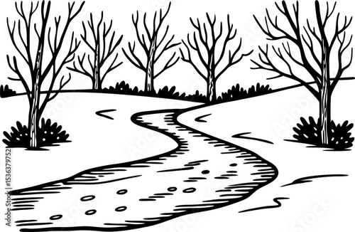 Leafless trees and winding river in winter landscape bare branches, frozen stream, tranquil seasonal scene