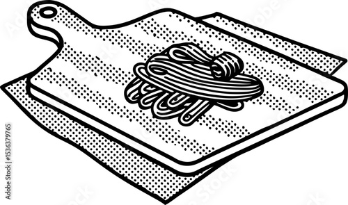 Uncooked pasta noodles on wooden cutting board hand drawn sketch, rustic kitchen preparation concept