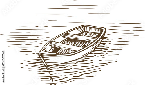Wooden rowboat floating on calm water surface vintage hand drawn illustration with reflections and ripples