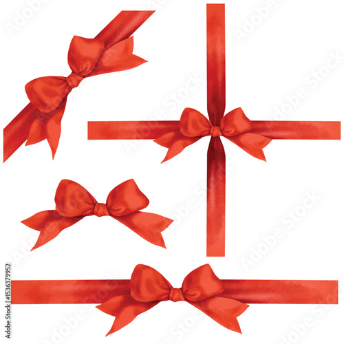 Vector illustration set of decorative red bow isolated on white background  watercolor style digital painted.