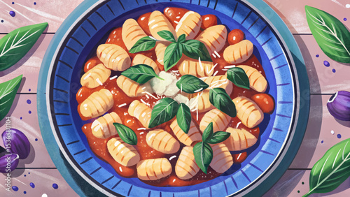 Italian gnocchi served in rich tomato basil sauce, topped with grated parmesan cheese. Traditional homemade pasta dish full of Mediterranean flavor