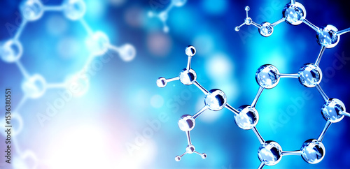 Vertical or horizontal banner with model of abstract molecular structure. Background of blue color with glass atom model. Copy space for your text. 3d render