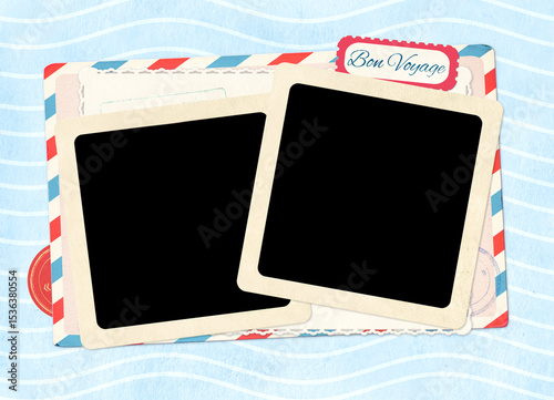 Two retro photo and vintage postcard on paper of blue color. Bon Voyage - Have a nice trip, in French. Old card and blank photo. Is perfect way to express creativity and evoke a sense of warm memories