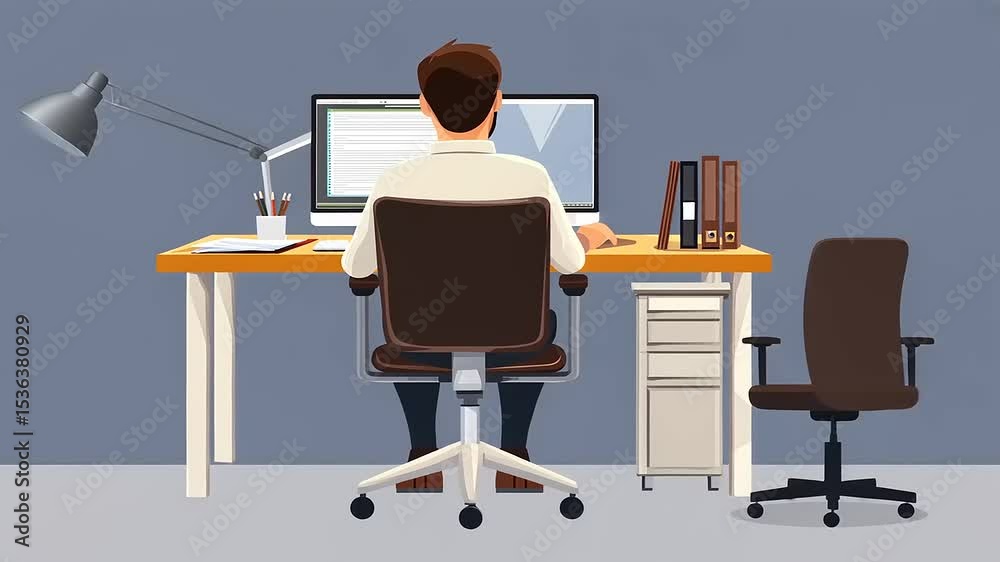 A person working at a modern desk with a computer in a minimalist office environment