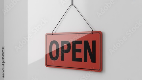 Close up of a red open sign with black lettering hanging on a white wall with a shadow casted