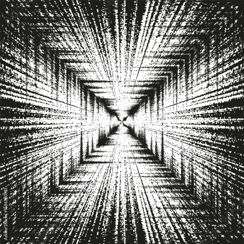 Square tunnel pattern. Geometric motion illusion. Black white burst. Vector perspective design.