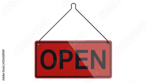 A red open sign with black lettering hanging from a metal wire on a white background studio shot