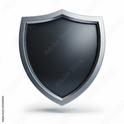 A glossy black shield with a silver border isolated on a white background with a soft shadow