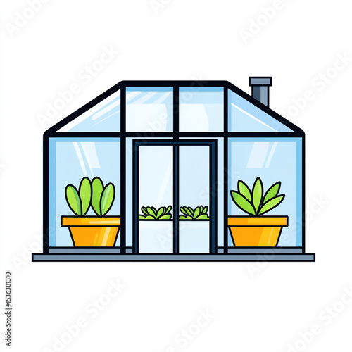 A simple, flat vector icon of a blue-framed greenhouse containing three potted plants, set against a white background.