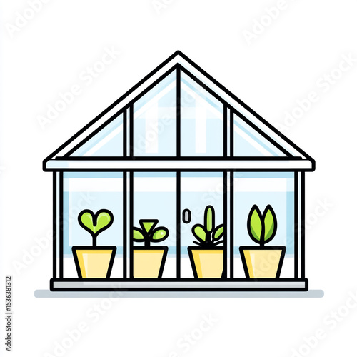 A simple, flat vector icon of a blue-framed greenhouse containing three potted plants, set against a white background.