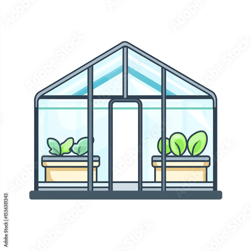 A simple, flat vector icon of a blue-framed greenhouse containing three potted plants, set against a white background.