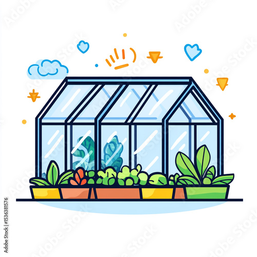 A simple, flat vector icon of a blue-framed greenhouse containing three potted plants, set against a white background.