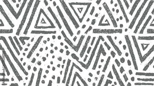 Gray and White Abstract Geometric Pattern Seamless Texture Background Triangles Lines Dots Hand Drawn Style