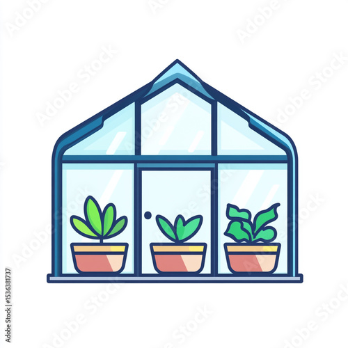A simple, flat vector icon of a blue-framed greenhouse containing three potted plants, set against a white background.
