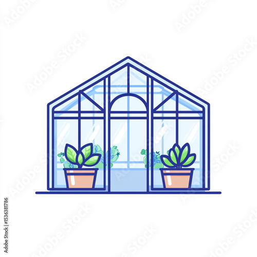A simple, flat vector icon of a blue-framed greenhouse containing three potted plants, set against a white background.