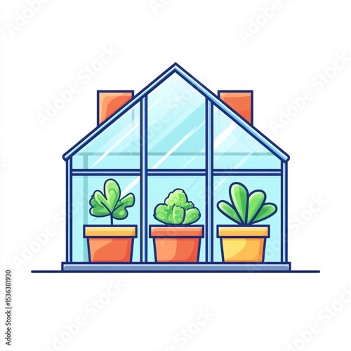 A simple, flat vector icon of a blue-framed greenhouse containing three potted plants, set against a white background.