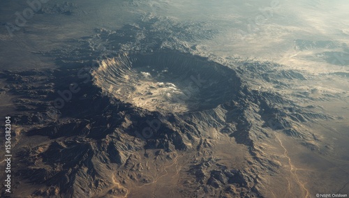 Elevated view of a large, dark, mountainous impact crater in a desert landscape, showing eroded rims and a relatively flat crater floor