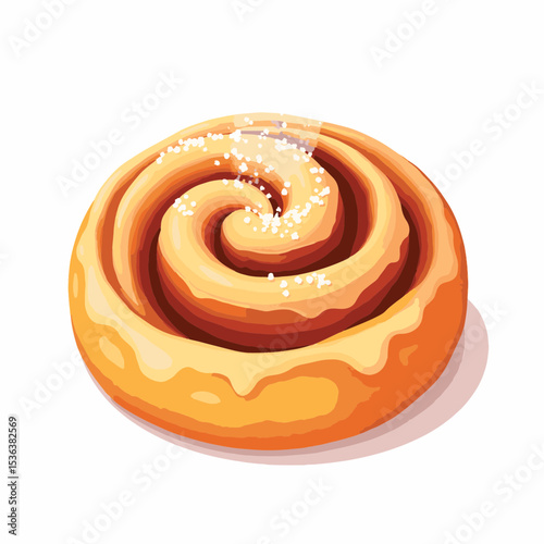 Symmetrical cinnamon roll with icing sugar on white background, sweetness