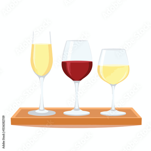 Diverse wine glasses showcasing types on wooden tray, wine appreciation