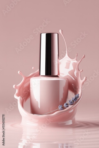 Close up of a pink nail polish bottle with a silver cap surrounded by a pink liquid splash