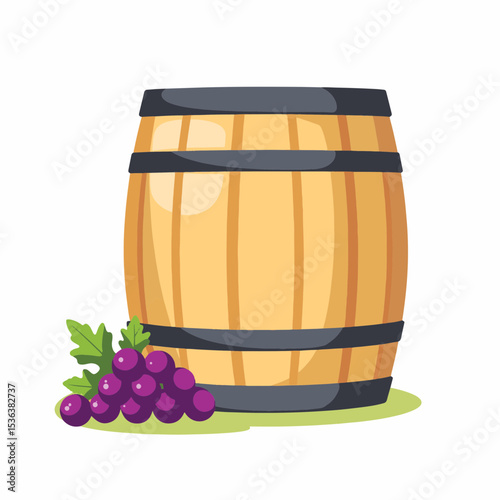 Classic wine barrel with grapes, minimal vector illustration