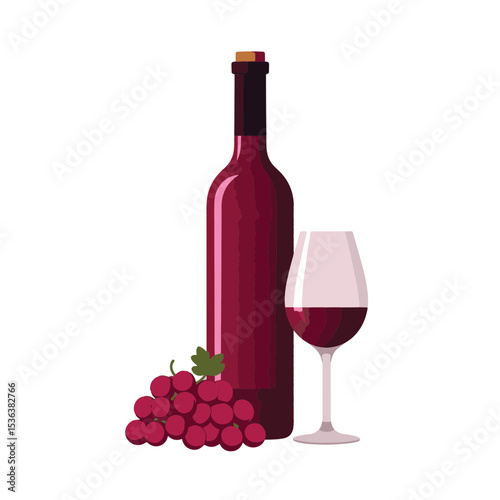 Elegant red wine bottle and glass with grapes, minimalist design