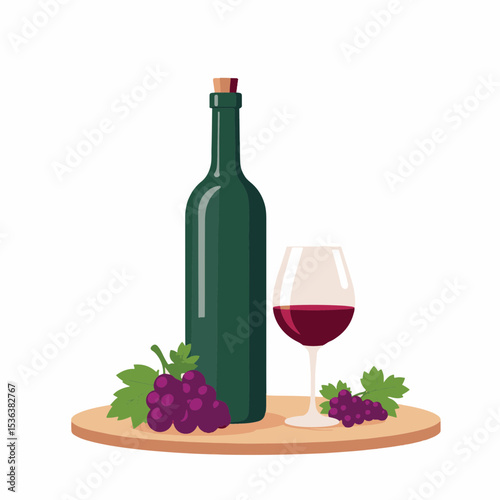 Classic wine bottle and glass on wooden table, celebration symbolism