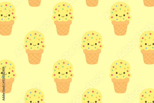 Repeating ice cream cone seamles pattern or background with pink topping and colorful sprinkles — great for children’s clothing, wrapping paper, and stationery.