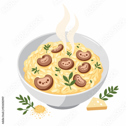 Steaming bowl of mushroom risotto with herbs, culinary delight