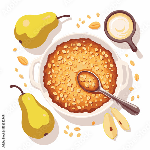 Delicious pear crumble with custard and ripe pears, dessert idea