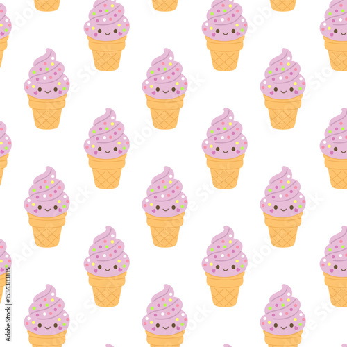 Seamless pattern of cute ice cream cones with pink whipped cream and smiling faces — perfect for kids' products, summer party decor, and digital designs.