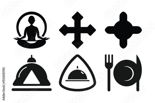 Collection of Symbolic Black and White Icons for Health, Religion, and Dining Experiences