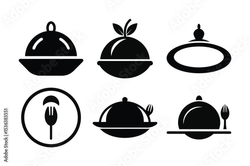 A Variety of Food Service Icons Depicting Covered Dishes and Utensils Representing Dining Restaurants and Culinary Arts