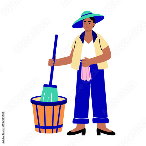 A flat style illustration showing person cleaning with a brush