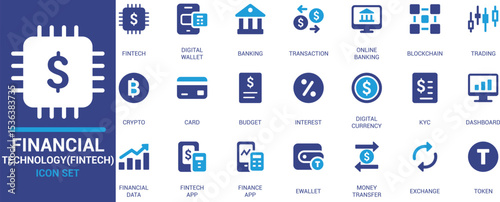 
Modern fintech and digital finance icon set including wallet, crypto, banking, blockchain, transaction, KYC, dashboard, token, and mobile finance app icons.


