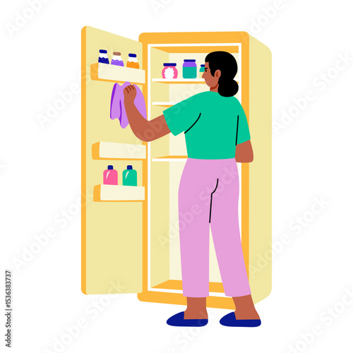 A flat style illustration showing person cleaning fridge interior