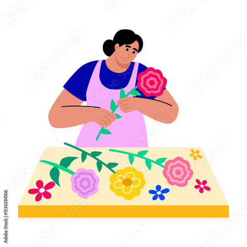 A flat style illustration showing character arranging flowers