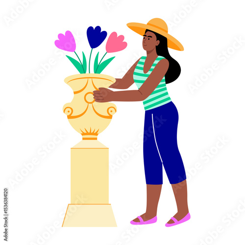 Flat style illustration showing a character holding a sculptural vase