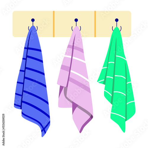 A flat style illustration showing hanging towels in bathroom