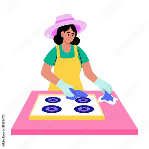 A flat style illustration showing user cleaning kitchen counter