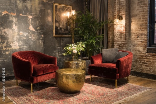 Velvet armchairs and brass accents create a cozy, luxe feel